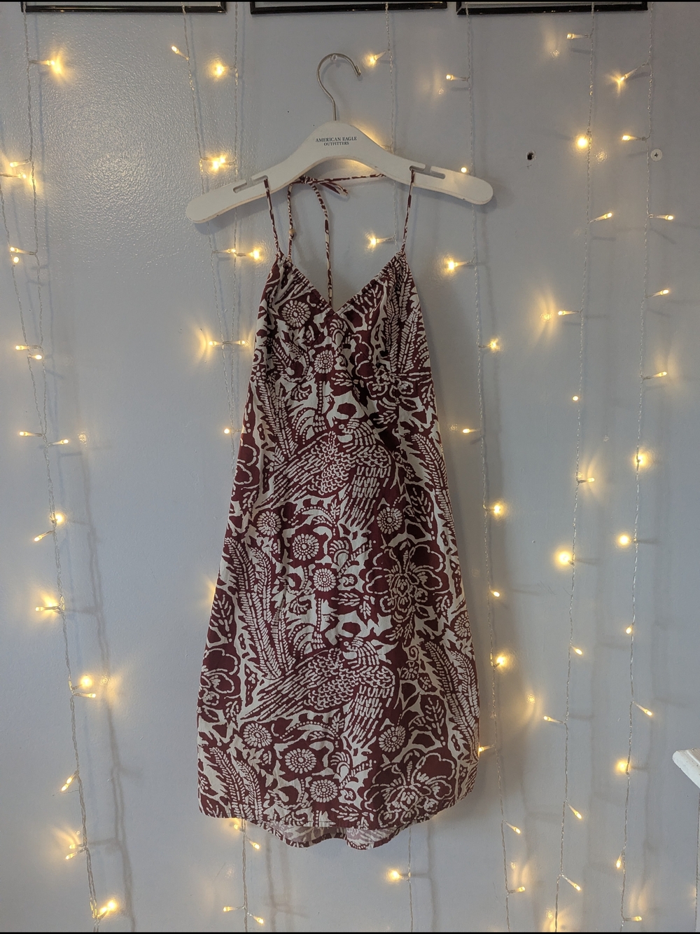 Old Navy Maroon and Cream Floral Bird-Print Slip Dress